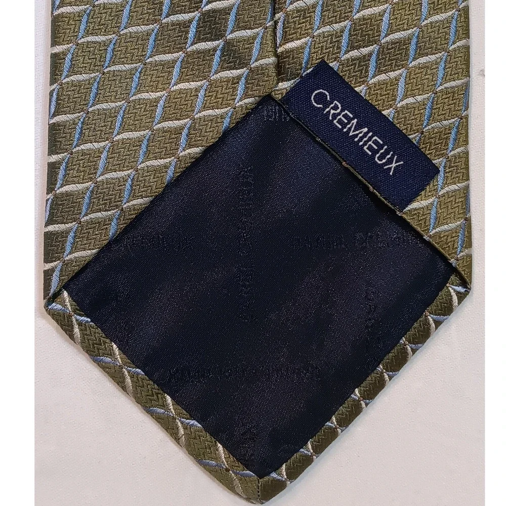 Cremieux Mens Silk Tie Olive Green Blue Geometric‎ Diamond Handmade USA WPL 2831